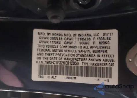 2017 Honda Civic Ex-T из США, поврежденный, VIN 19XFC1F32HE012856